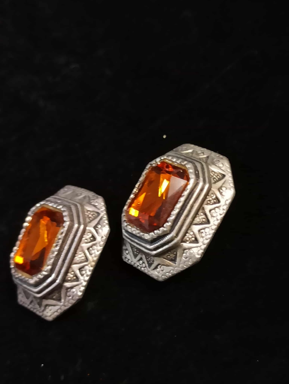 Vintage 80’s Amber Faceted Glass Statement Earrings Silver Tone Heavy Art Deco - Picture 3 of 11
